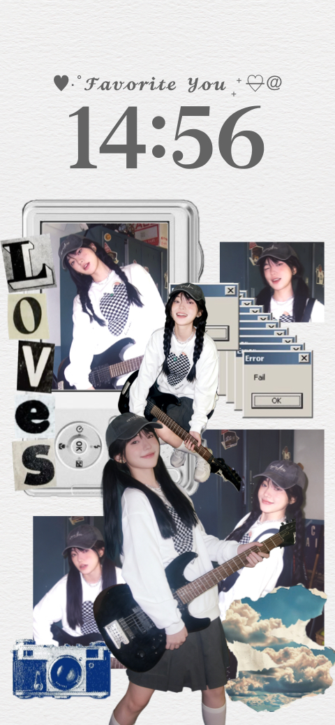 Modèle de fond d'écran collage esthétique avec des éléments Y2K, des cadres photos et un style rétro-informatique.