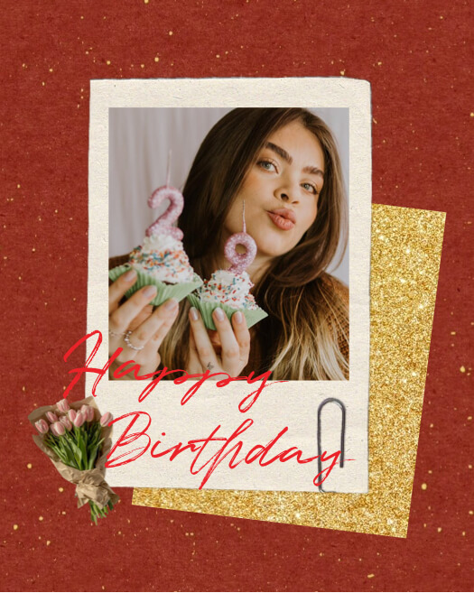 Happy Birthday collage template with a single Polaroid photo frame, red background, gold glitter, and tulip bouquet.