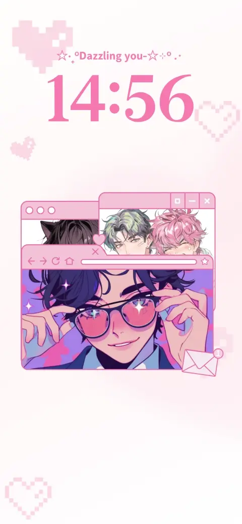 Personalisierbare Live-Wallpaper-Vorlage mit rosa Browserfenstern, Anime-Stil und Pixel-Herzen zum Einfügen von Fotos.