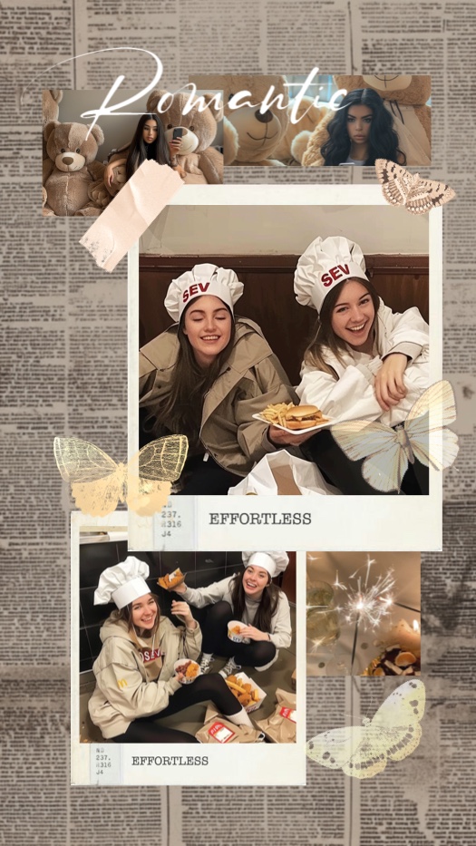英字新聞を背景にしたビンテージ風のコラージュ。ポラロイド風フレーム、蝶のイラスト、マスキングテープ、'Romantic'や'Effortless'の文字で装飾された複数の写真レイアウト。