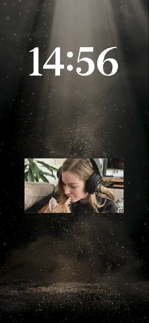 Cinematic live wallpaper template with light rays, a digital clock, and a custom photo frame of a woman and her cat.