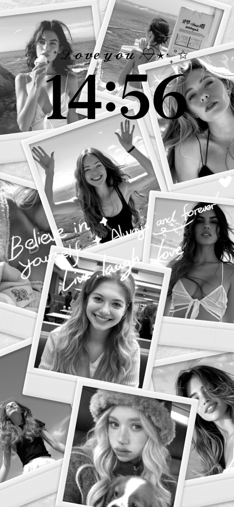 A black and white aesthetic photo collage template featuring multiple Polaroid frames, decorative stars, and cursive text overlays for a customizable lock screen.