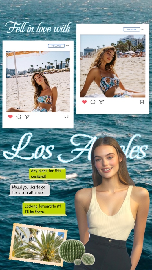 Collage de voyage d'été avec fond océan, cadres style Polaroid, texte néon Los Angeles et autocollants bulles de texte.