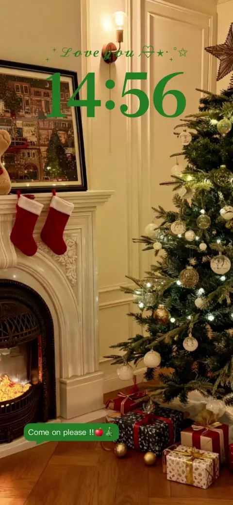 Aesthetic Christmas live wallpaper featuring a decorated tree, gifts, and a glowing fireplace with red stockings.