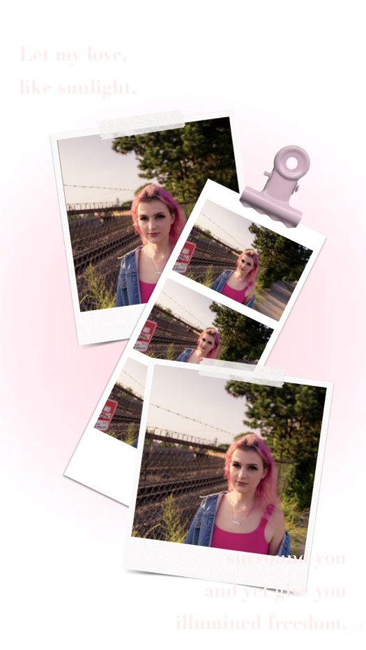 Scrapbook collage template with retro Polaroid frames, pink binder clip, washi tape, and romantic quote on pink background.