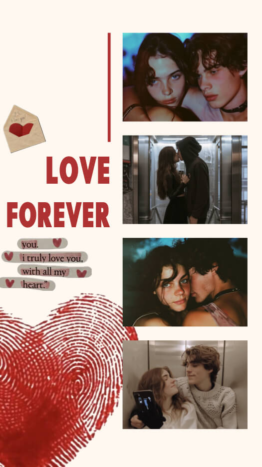 Vertikale Fotocollage-Vorlage mit 4 Plätzen für Fotos, rotem 'LOVE FOREVER' Schriftzug, Herz-Fingerabdruck und Briefumschlag-Elementen.