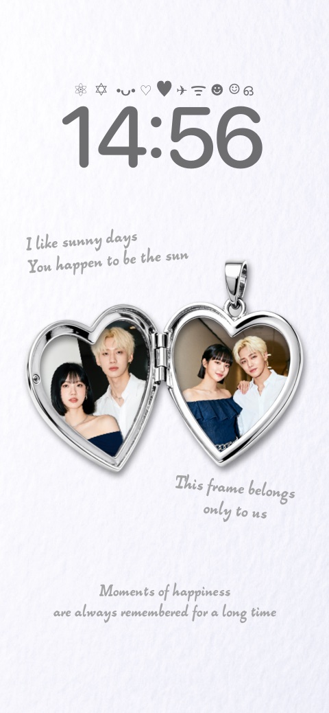 Minimalist white DIY wallpaper template featuring an open silver heart locket with customizable couple photos and quotes.