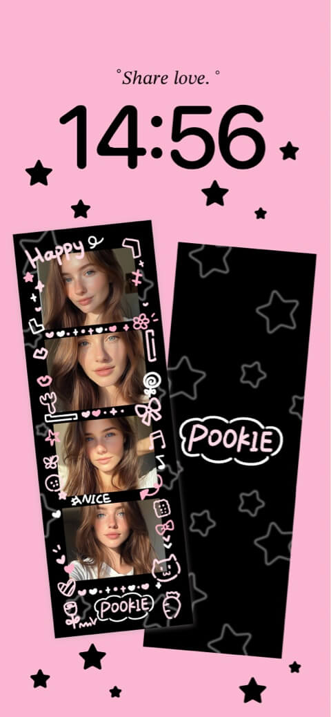 Pink and black DIY wallpaper template with a customizable photo strip, stars, and pookie doodle art for mobile phones.