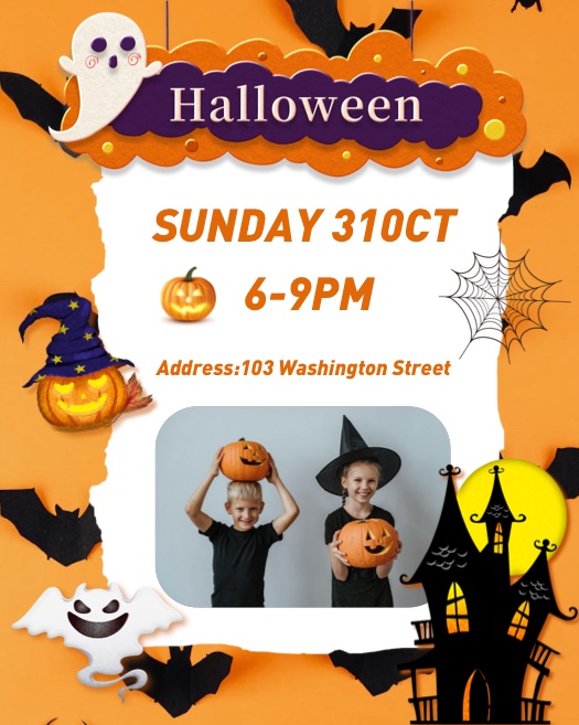 Spooky Halloween collage template featuring ghosts, pumpkins, and bats on an orange ripped-paper background.