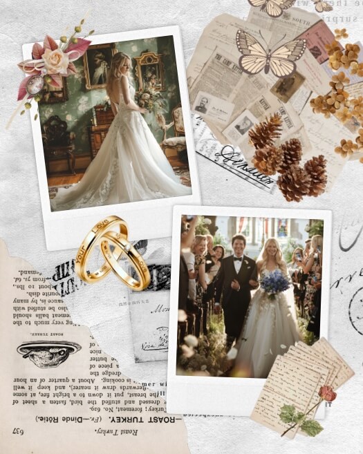 Vintage wedding scrapbook collage with two polaroid photos, dried flowers, butterflies, and old newspaper clippings.