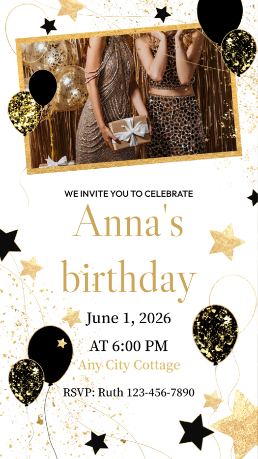 Elegant birthday invitation template with gold and black balloons, stars, and a single photo frame on a white background.