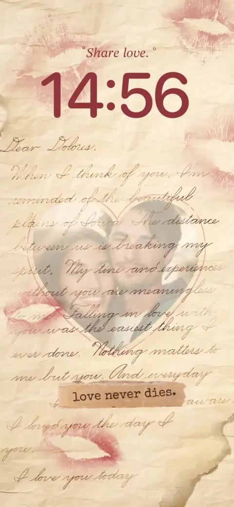A vintage love letter live wallpaper template with a heart-shaped photo frame and lipstick kiss marks on parchment paper.