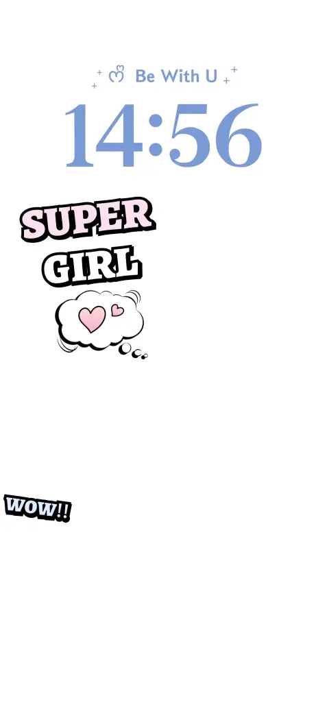 A white DIY live wallpaper template featuring the text 'SUPER GIRL' in pink and white comic font with a heart thought bubble and 'wow!!' caption, designed for customization.