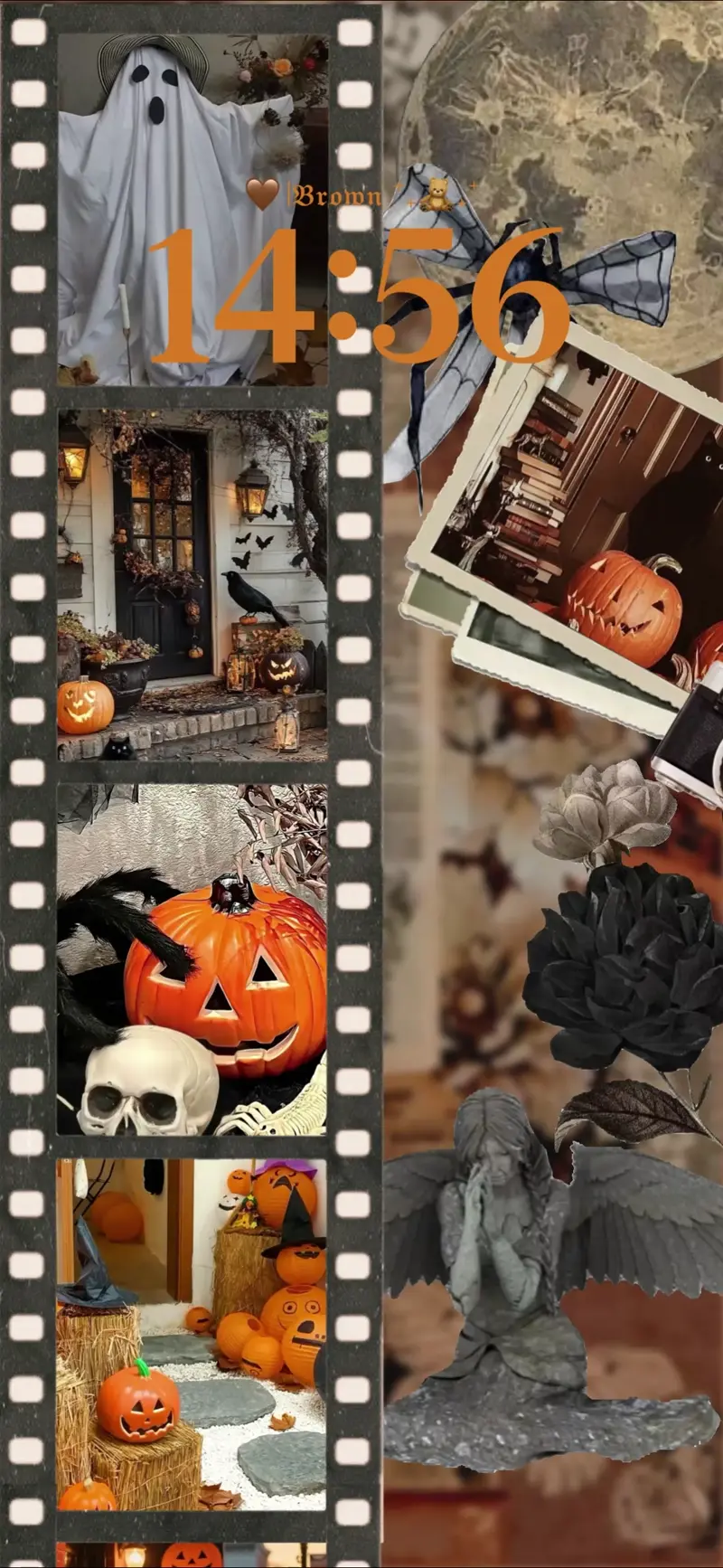 Anpassbare Halloween Live Wallpaper Vorlage mit Foto-Collage, Filmstreifen und Kürbissen für das Handy.