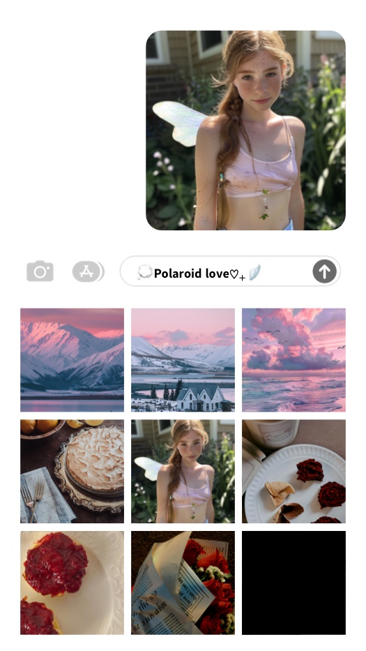 Aesthetic 8-photo grid collage template featuring fairycore wings, pink sunset landscapes, and floral mood board elements.