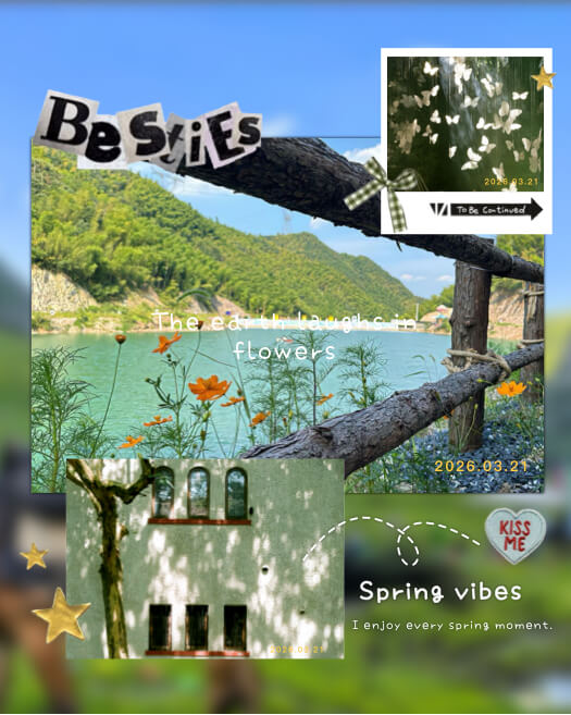 Aesthetic spring scrapbook collage with 3 photos, Besties ransom note text, lake view, and cute heart stickers.