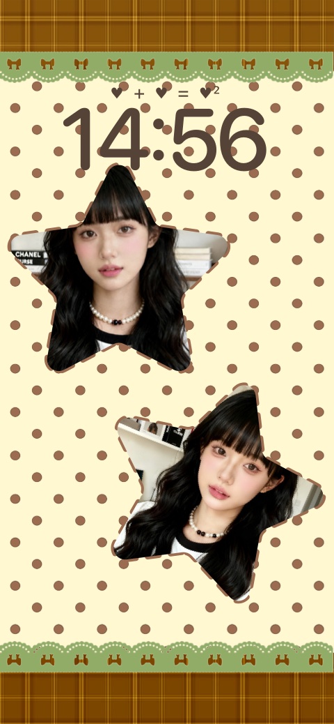 Plantilla de fondo de pantalla estático personalizable con diseño de lunares marrones, dos marcos en forma de estrella y bordes de encaje verde.