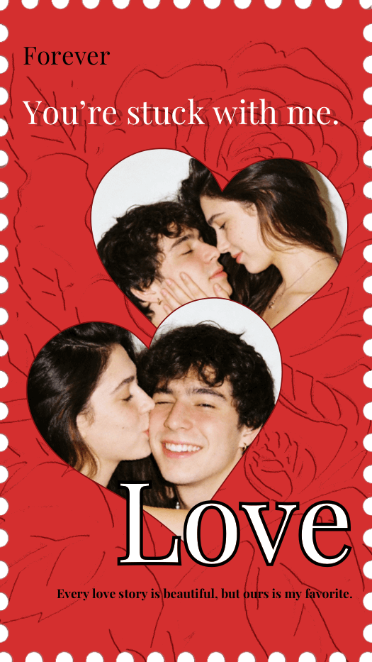 Collage im Stil einer roten Briefmarke mit zwei Herz-Ausschnitten für Fotos und Rosenzeichnungen.