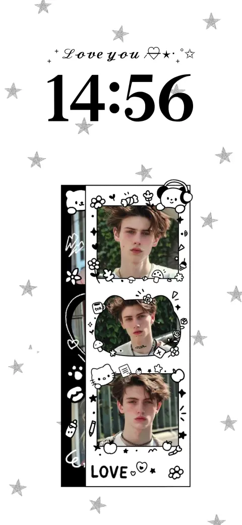 Modèle de fond d'écran animé personnalisable avec une bande de trois photos de style photomatons et des gribouillages d'étoiles.