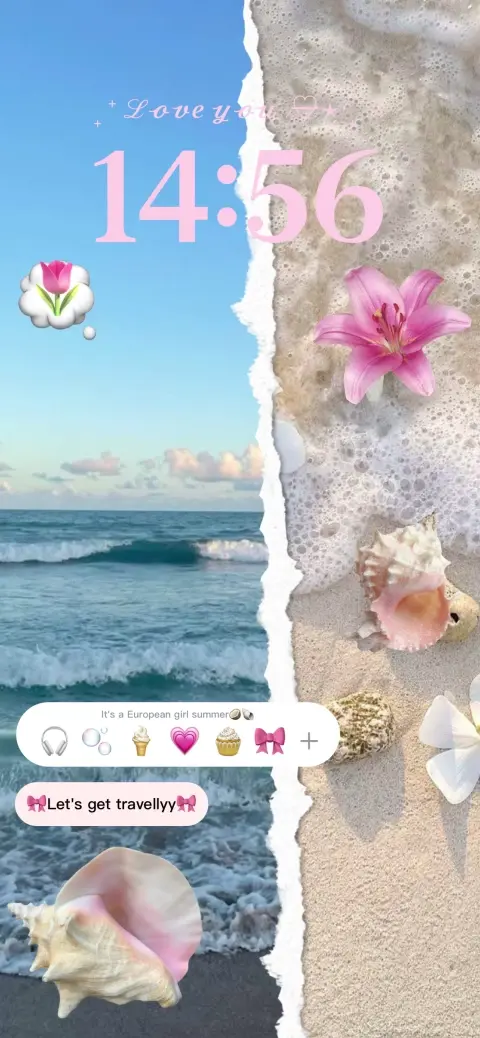 Anpassbare Live-Wallpaper-Vorlage im Strand-Scrapbook-Stil mit zerrissenem Papier, Meereswellen, Sand und Blumen.