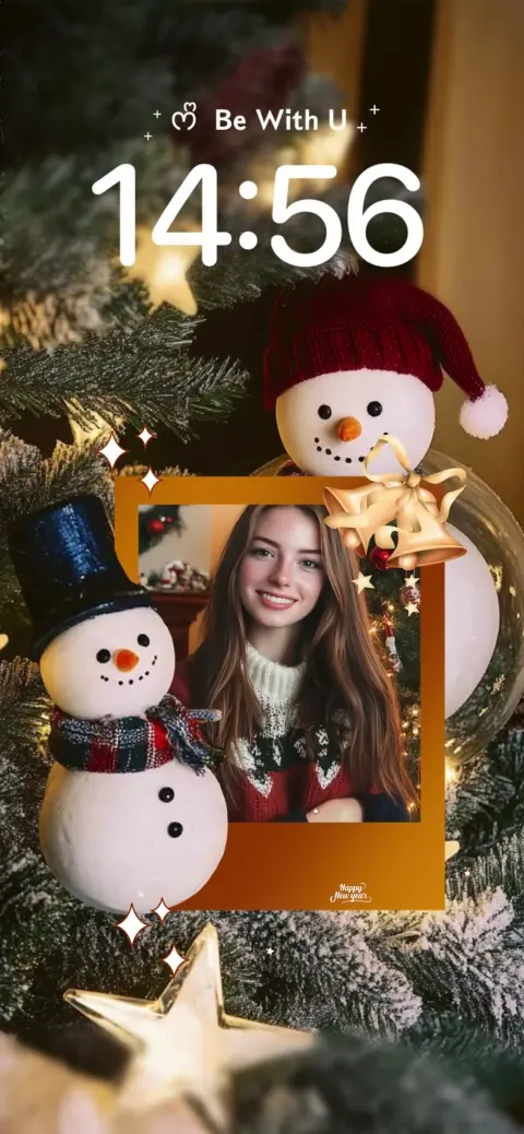 A festive Christmas DIY live wallpaper template featuring two snowmen in hats, golden bells, and a customizable photo frame in the center.