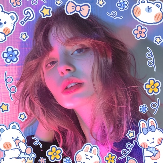 A single photo of a girl decorated with cute white bear, rabbit, and flower stickers in a hand-drawn doodle style.