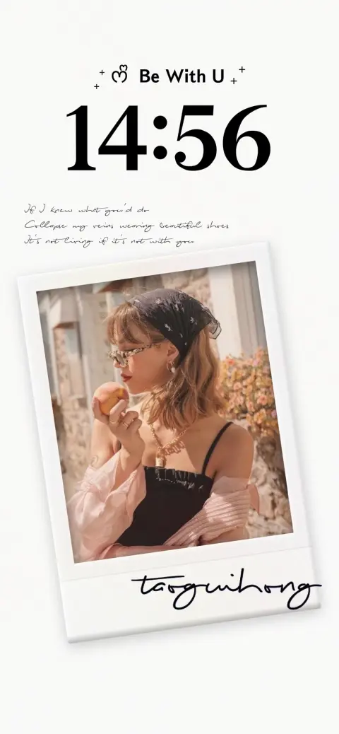 A minimalist white live wallpaper template featuring a customizable Polaroid photo frame and handwritten text areas.