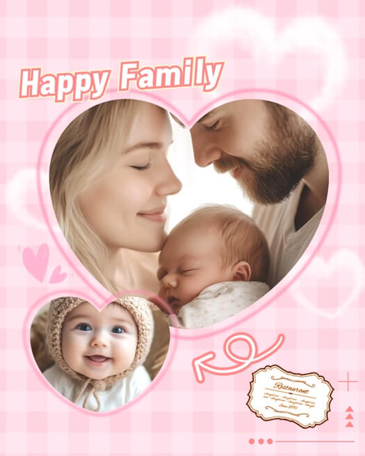 Un modèle de montage photo rose avec un fond vichy et des cadres en forme de cœur contenant des photos de famille et de bébé.