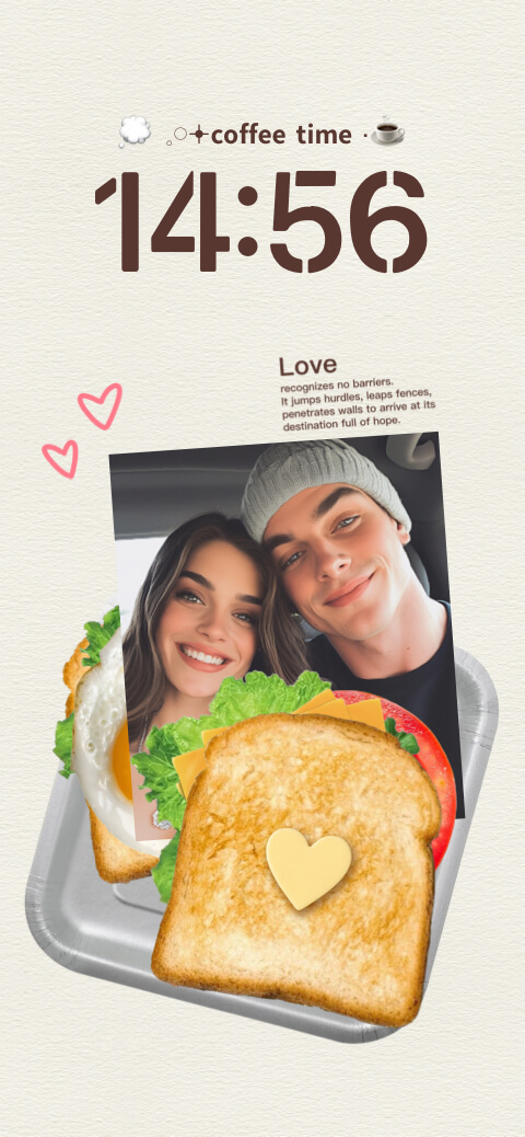 Aesthetic DIY couple wallpaper template featuring a toast sandwich collage, romantic photo, and custom coffee time text.