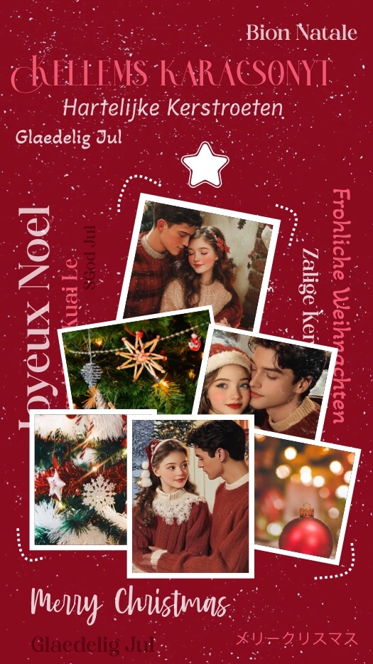 A red Christmas-themed photo collage featuring multiple overlapping photos of a couple, Christmas trees, and ornaments. The background includes Merry Christmas greetings in various languages like French, German, and Japanese with snowflake textures.