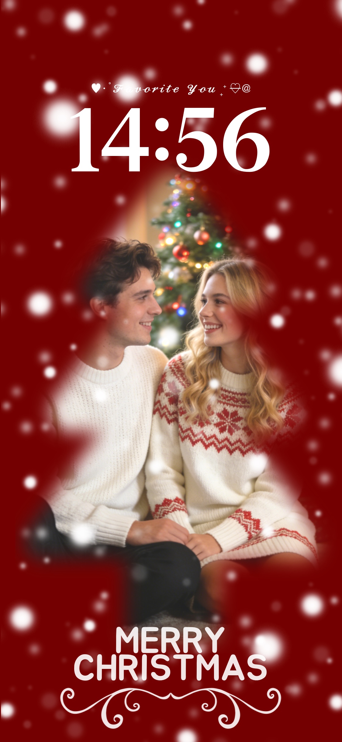 Romantic Christmas couple photo in a festive red frame with snow bokeh and Merry Christmas text for mobile wallpaper.