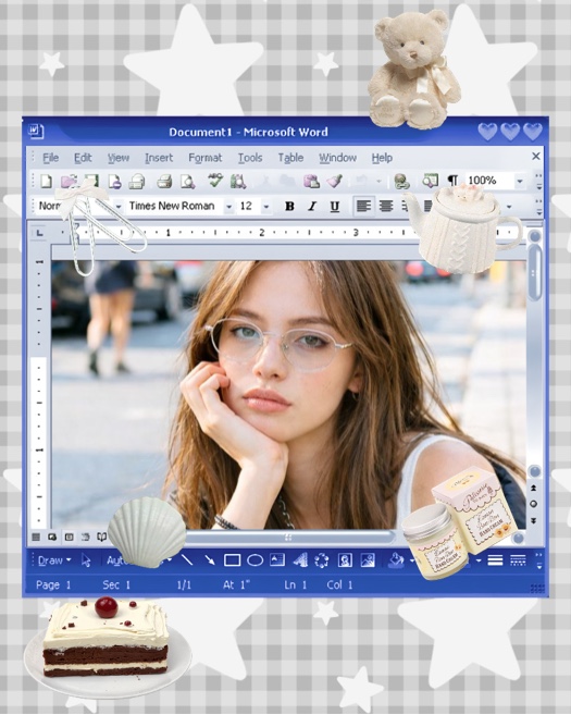 Single photo collage template featuring a retro Microsoft Word window frame with Y2K stickers and a star background.