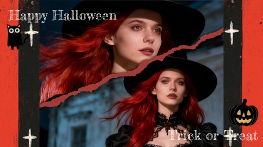 Eine Halloween-Fotocollage-Vorlage mit einer rothaarigen Hexe. Design mit zerrissenem Papier-Effekt, schwarzen Katzen-Stickern, Kreuzen und Kürbissen auf dunkelrotem Hintergrund.