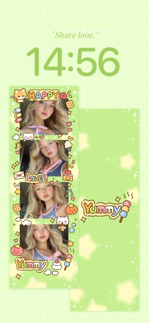 Kawaii green DIY wallpaper template featuring a vertical photo collage strip with cute cartoon doodles and stars.