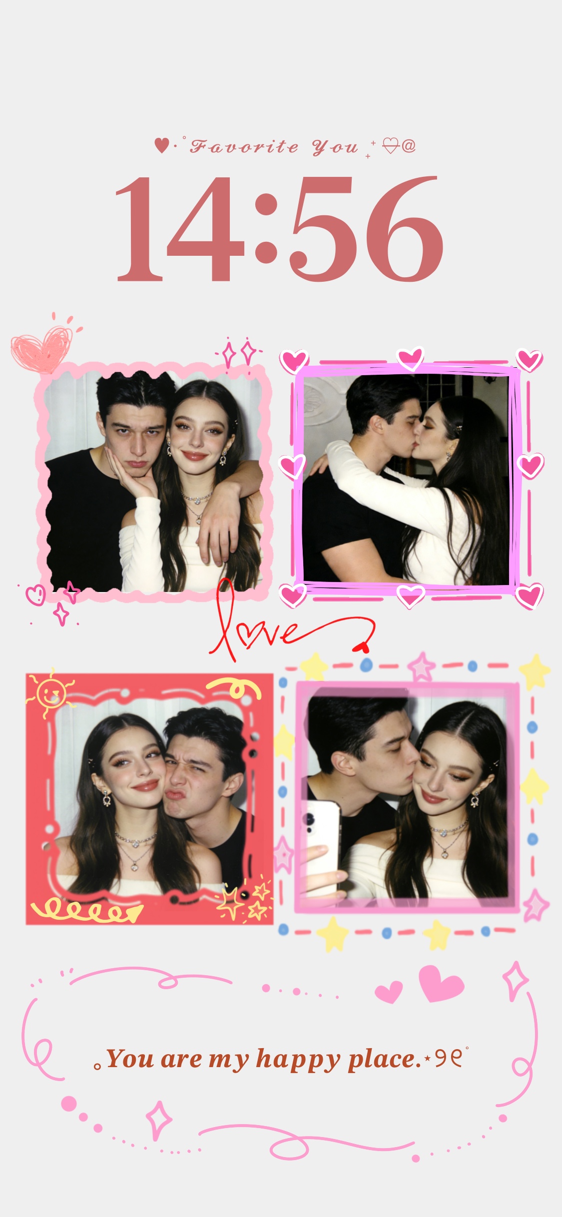 A static DIY wallpaper template featuring four pink heart-themed photo frames for couples and customizable text areas on a light grey background.