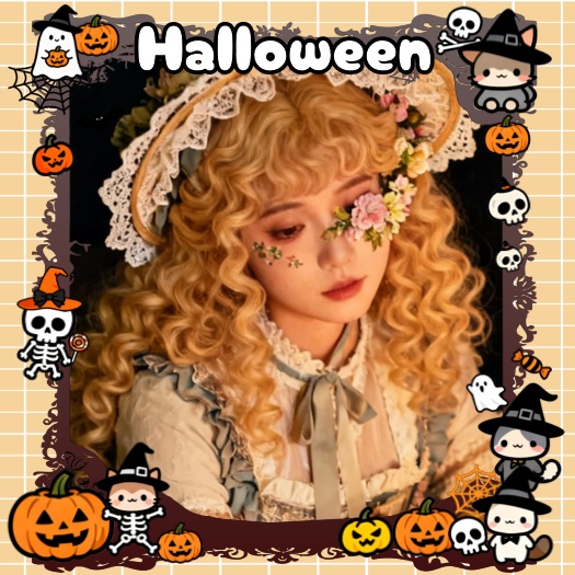 A Halloween-themed photo collage template with an orange grid background. The frame is decorated with cute illustrations of pumpkins, ghosts, skeletons, and the word 'Halloween' at the top.