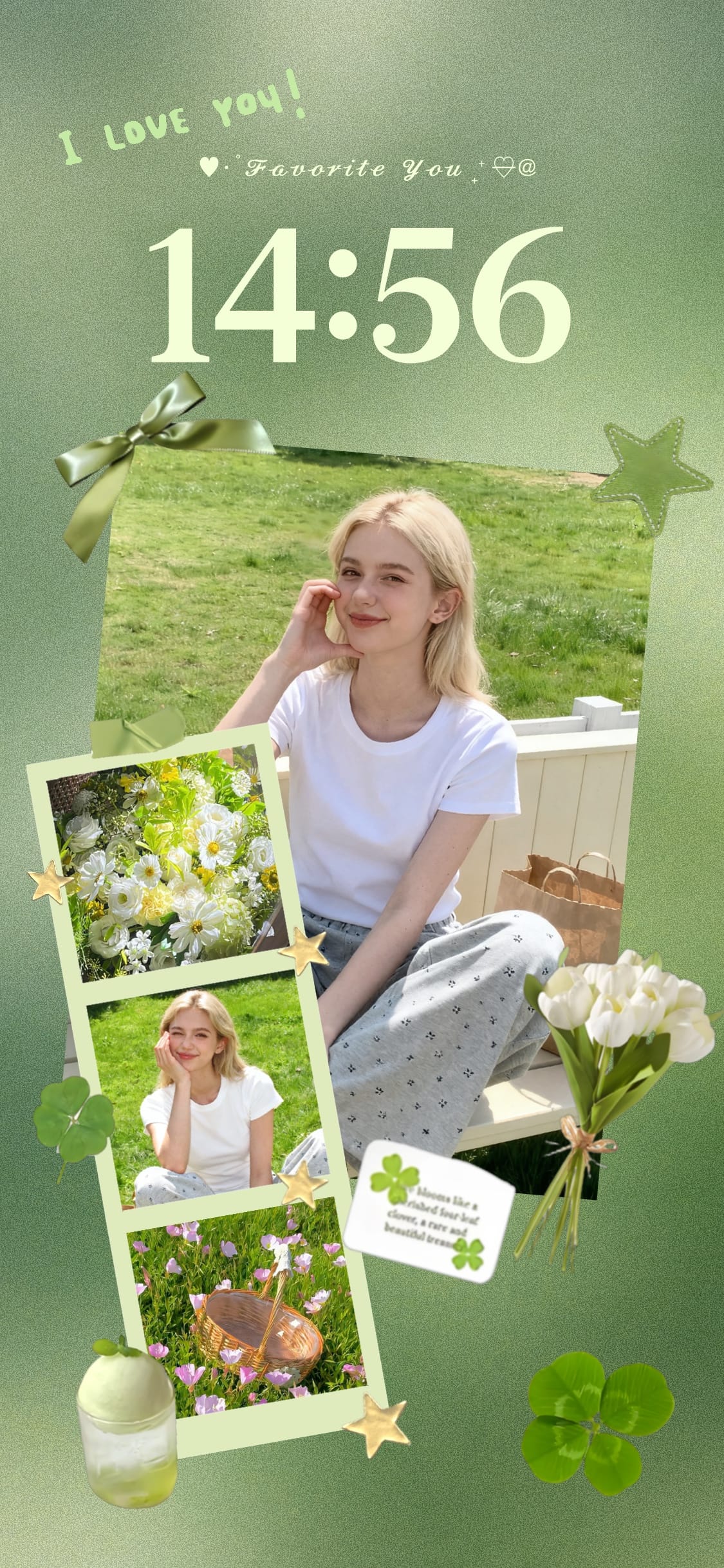 Modèle de fond d'écran personnalisable de style scrapbooking avec des cadres photo, des trèfles et un fond vert sauge texturé.