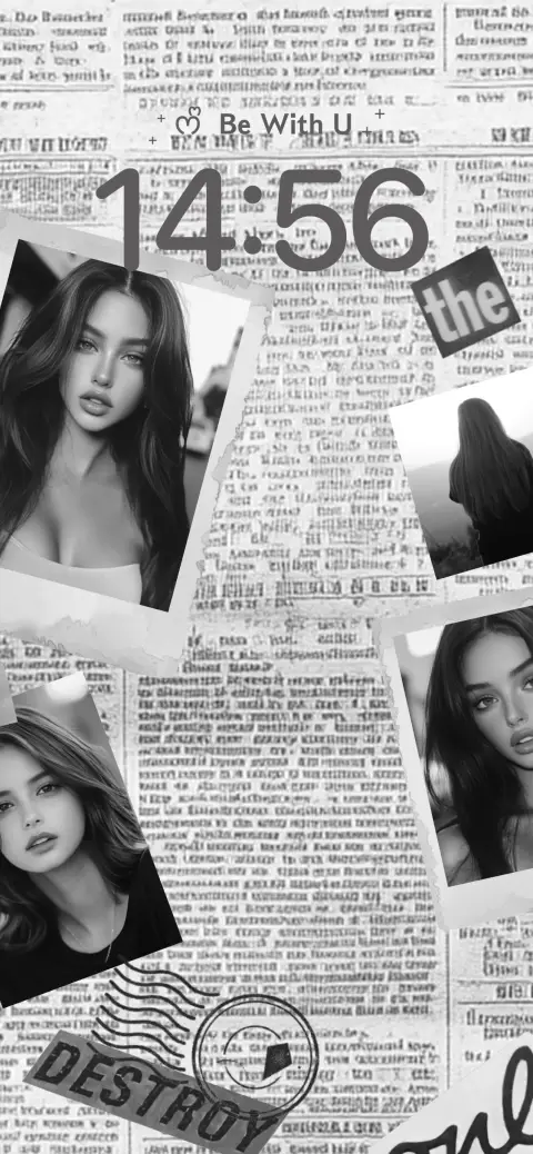 Black and white newspaper collage live wallpaper template featuring fashion portraits and vintage typography.