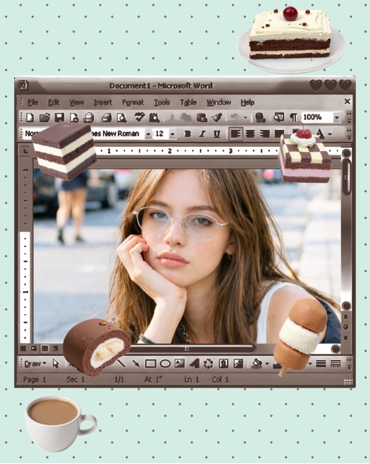 Plantilla de collage con marco de ventana de Microsoft Word retro sobre fondo de puntos verdes. Incluye pegatinas de pasteles, café y una foto central.