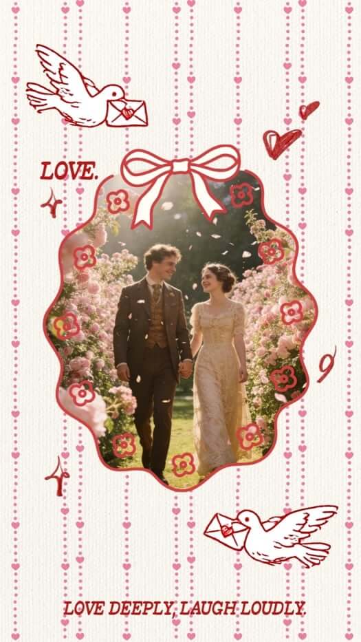 Modèle de montage photo vertical style coquette. Cadre festonné central, nœud rouge, colombes portant des lettres d'amour, motifs de cœurs roses et texte inspirant.