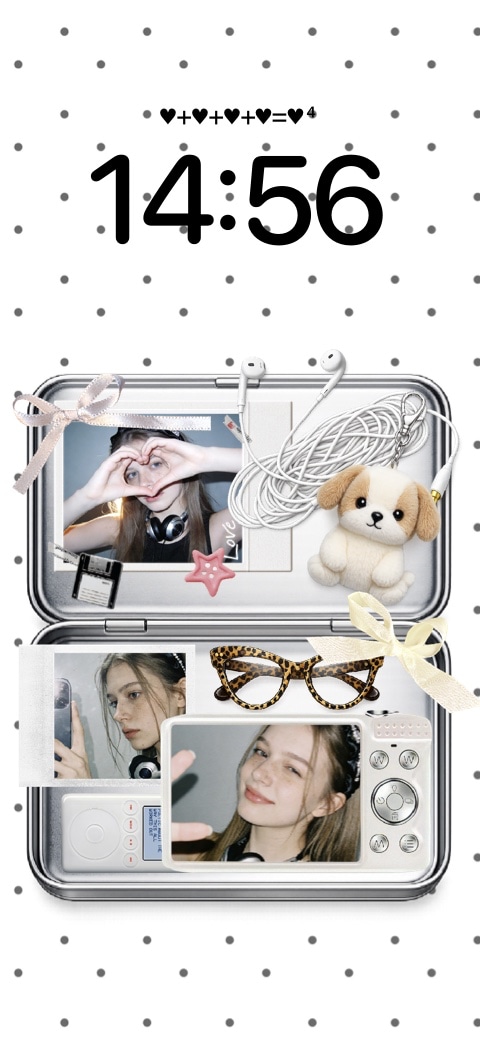 Anpassbare statische Y2K-Hintergrundvorlage mit Polaroid-Fotorahmen, Digitalkamera und Coquette-Accessoires auf gepunktetem Hintergrund.