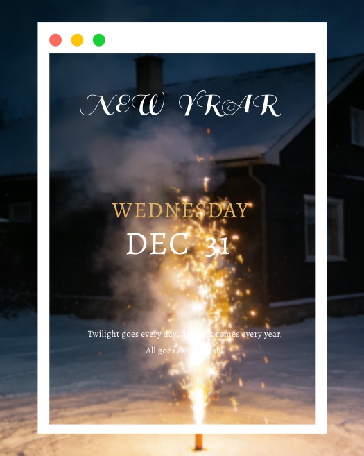 New Year photo template with sparkler in snowy yard framed by a white computer browser window interface.