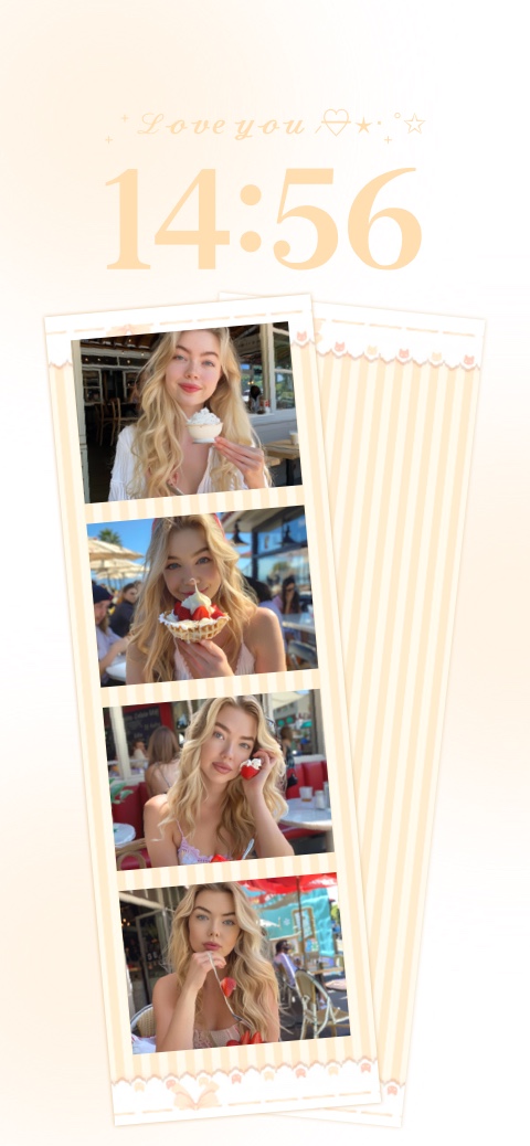 DIY aesthetic phone wallpaper template featuring a peach photobooth film strip with four customizable photo slots.