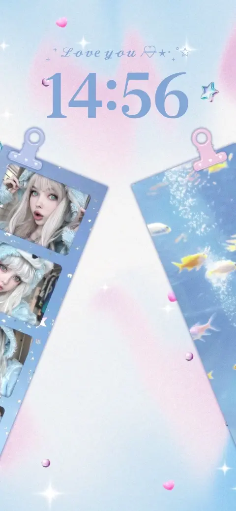 Aesthetic kawaii pastel live wallpaper template with photo film strip slots and a soft blue fish background.