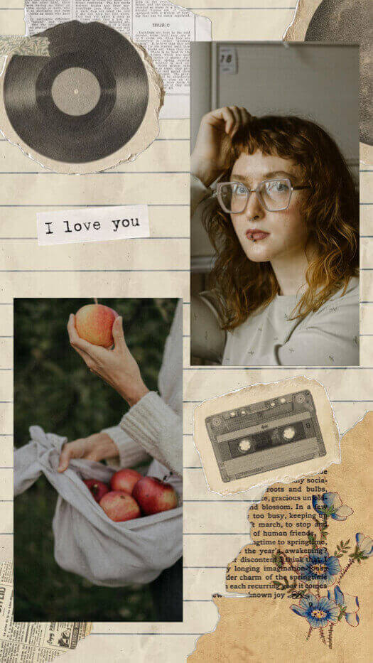 Pèle-mêle photo style scrapbook avec disque vinyle, cassette, papier déchiré et fleurs bleues sur fond de papier ligné.