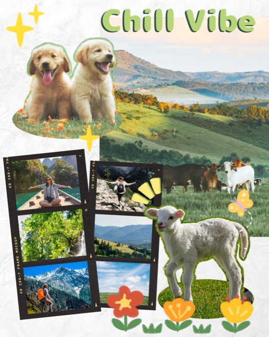 Nature scrapbook collage template with film strips, puppies, a lamb, and Chill Vibe text on wrinkled paper background.
