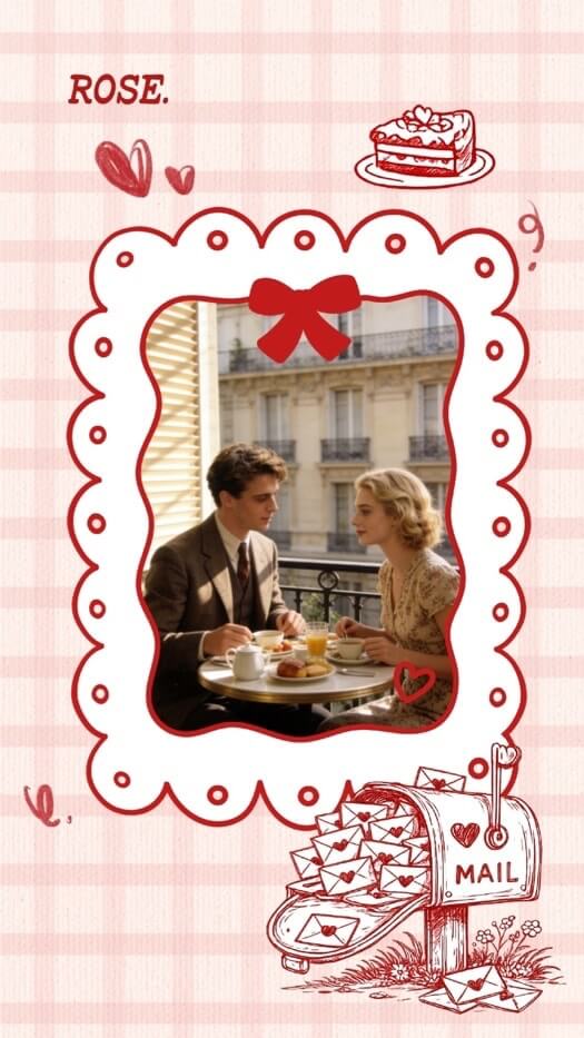 A romantic pink gingham collage template with a central scalloped frame containing a couple at a cafe, decorated with red bows, hearts, and a mailbox full of letters.