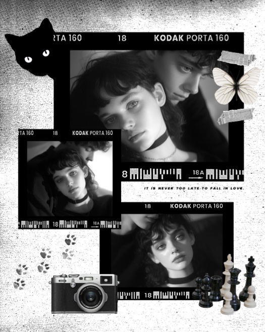 Monochrome photo collage featuring three Kodak film frames, a black cat silhouette, a white butterfly, chess pieces, and a vintage camera on a textured grunge background.