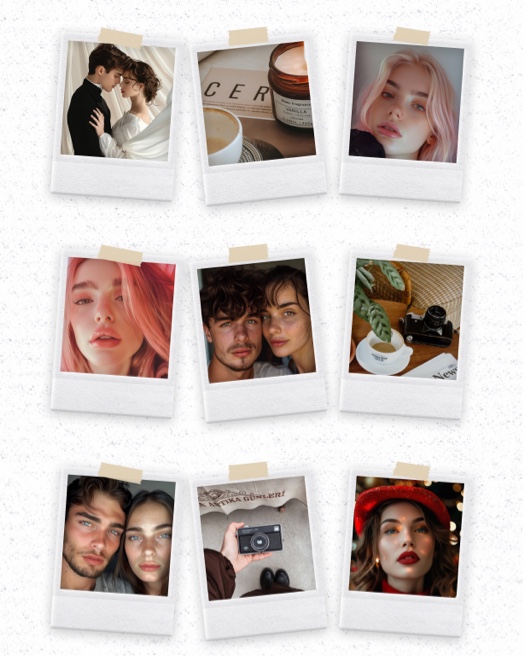 Ein 3x3-Raster aus neun Fotos im Polaroid-Stil mit beigem Klebeband auf weißem, strukturiertem Hintergrund.