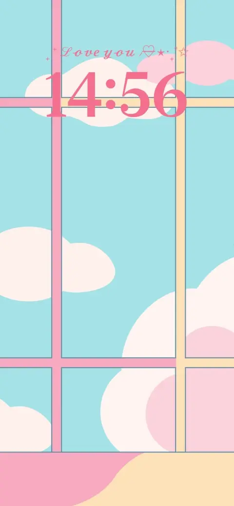 A pastel-colored live wallpaper template featuring pink and yellow clouds on a light blue background with a window-style grid for custom photo inserts.